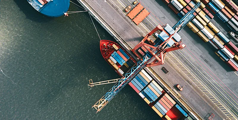 Aerial view of shipping container freighter